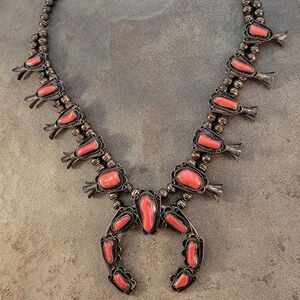 Vintage Navajo 1960's Red Coral Squash Blossom Necklace